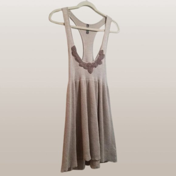 Free People Knit Cream and Brown Mini Sweater Dress | Winter Layering Dress Boho - Picture 4 of 9